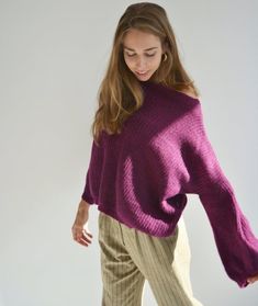 Hello, I'm the one, who won't let you down - plum purple mohair sweater.I will comfort you, keep you warm and will make you smile. I'm 100% hand made and proud of that. I consist of 35% Italian baby alpaca,35% of kid mohair and 30% nylon, which makes me incredibly natural. I'm quite unique as could be worn all year long.I'm in one size and one size fits all because my measurements are :❤️ Width -62 cm❤️ Lengths -52cmIf you would like me in other size, you could request a custom order with your o Purple Textured Knit Sweater For Fall, Purple Knitted Sweater For Fall, Purple Knit Sweater For Winter, Purple Knit Winter Sweater, Purple Knit Sweater For Fall, Winter Purple Knit Sweater, Soft Knit Purple Sweater For Fall, Purple Soft Knit Sweater For Fall, Oversized Mohair Cable Knit Sweater