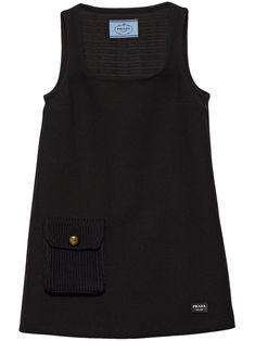 black virgin wool/lambskin logo patch to the front scoop neck front flap pocket sleeveless straight hem thigh-length Black Sleeveless Mini Dress With Pockets, Prada Dresses Runway, Prada Black Dress, Prada Mini Skirt, Prada Dresses, Prada Black Mini Dress, Prada Mini, Miu Miu Dress, Prada Dress