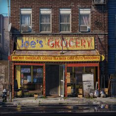 an old building with a sign that says joe's grocery