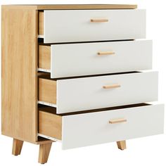 a white and wood dresser with drawers on it's sides, in front of a white background