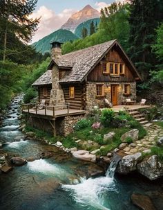 a log cabin sits on the bank of a stream