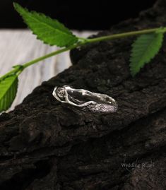 a silver ring sitting on top of a tree branch