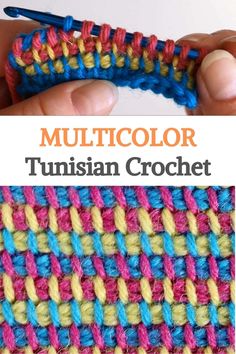 the multicolored crochet is being worked on