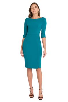 Formal Fitted Bodycon Dress With 3/4 Sleeve, Formal Bodycon Dress With 3/4 Sleeves, Elegant 3/4 Sleeve Bodycon Formal Dress, Elegant Formal Bodycon Dress With 3/4 Sleeves, Classic Fitted Dress With Side Slits, Elegant Fitted Bodycon Dress With 3/4 Sleeves, Elegant 3/4 Sleeve Bodycon Dress For Evening, Elegant 3/4 Sleeve Bodycon Evening Dress, Elegant Evening Bodycon Dress With 3/4 Sleeves