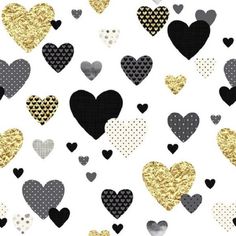 black and gold hearts with polka dots on a white background seamless wallpaper pattern