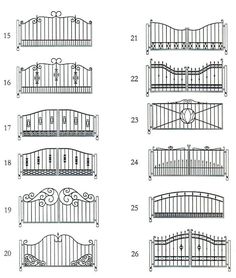 various types of wrought iron gates with numbers on each side and the names below them