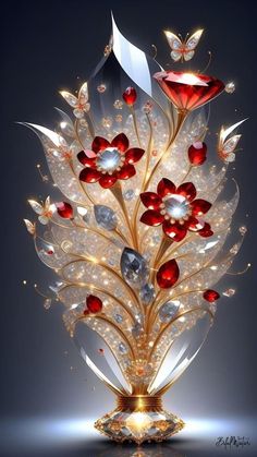 an artistically designed vase with red flowers and crystals