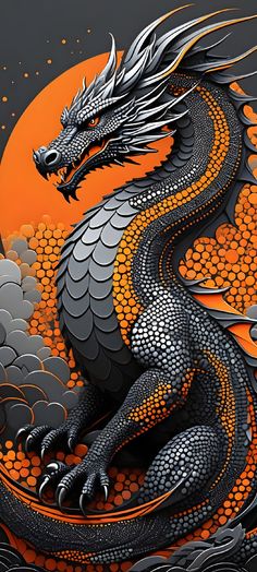 a black and orange dragon sitting on top of an orange moon