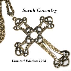 "*Description: This is a beautiful Sarah Coventry Limited Edition 1973 Victorian Cross necklace. It is listed on page 138 of the Sarah Coventry Jewelry book by Kay Oshel. She shares, \"Limited Edition Victorian Cross is a masterpiece of design taken from the pages of early Victorian artisans. This beautiful Victorian Cross is a Sarah Coventry Limited Edition and cannot be purchased after December 31, 1973. The mold will then be destroyed.\" This is a large intricate cross at 4 Inches tall. This Vintage Hallmarked Cross Necklace, Vintage Cross Necklace With Hallmark, Vintage Cross Necklace Collectible, Victorian Cross Necklace, Jewelry Book, Sarah Coventry Jewelry, Sarah Coventry, December 31, Coventry