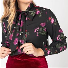 Nwt Size Small Agnes & Dora Tie-Neck Floral Blouse. Black With Multi Colored Flowers Black Fitted Tie Neck Blouse, Black Tie Neck Top For Spring, Spring Black Tie Neck Top, Pink Fitted Tie Neck Top, Pink Tie Neck Top For Party, Elegant Pink Blouse For Date Night, Fitted Floral Print Blouse With Tie Neck, Pink Tie Neck Top For Work, Feminine Black Blouse