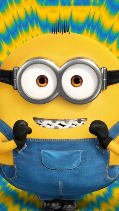 a yellow minion with big eyes and blue overalls