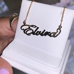 "Our most popular piece is our SOLID 14K CUSTOM NAME NECKLACE! - Made to last a lifetime with a sturdy rolo chain (16\", 18\", 20\") that still gives a minimalist look to the name. - What makes our names unique is that they are nice and thick, meaning it is not easily bendable or breakable. It is designed for daily wear and to last a lifetime! - All solid 14K, guaranteed. It will not tarnish, it will not color your skin. - A week turn around or even sooner. It is made just for you! - Available i Sterling Silver Custom Necklace For Formal Occasions, Modern Sterling Silver Jewelry With Custom Name, Sterling Silver Custom Necklace With Adjustable Chain For Anniversary, Modern Sterling Silver Custom Name Jewelry, Modern Nameplate Necklace As Gift, Elegant Personalized Yellow Gold Chain Necklace, Classic 14k Gold Round Pendant Name Necklace, Modern Custom Name Jewelry For Personalized Gift, Custom Sterling Silver Necklace With Adjustable Chain For Anniversary