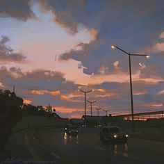 a painting of cars driving down the road at dusk with street lights in the background