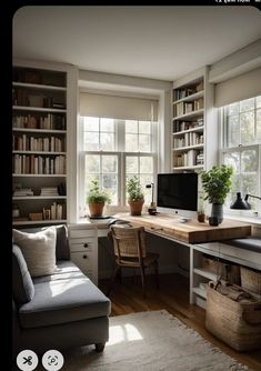 a home office with lots of bookshelves and plants in the window sill