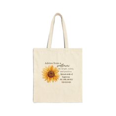 This 100% cotton bag comes in one size - 15" x 16"- perfect for everyday wear. The bag features 20" handles (made from the same canvas), making it easy to carry even with a week's worth of shopping. On top of being practical, it brightens and inspires your day, and anyone else who sees it. .: 100% cotton canvas .: Heavy fabric (12 oz/yd² (406.9 g/m .: Sewn-in label .: Available in natural and black colors Sunflower Inspiration, Canvas Making, Canvas Tote Bag, Cotton Bag, Sew-in Labels, Heavy Fabric, Canvas Tote, Cotton Canvas, Tote Bags