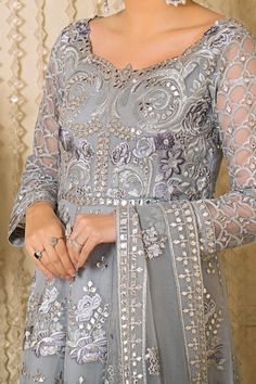 Imrozia Premium L-254 Mystique-Rangreza Outlet Eid Dresses Pakistani, Gray Long Dress, Grey Long Dress, Dress Event, Silk Design, Dress Name, Eid Dresses, Chiffon Collection, Embroidery Threads