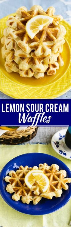 lemon sour cream waffles on a yellow plate with blue and white plates in the background