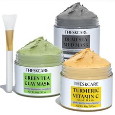 PRICES MAY VARY. THESKCARE FACIAL CLAY MASK TRIO - Turmeric Vitamin C Clay Mask, Green Tea Clay Mask, and Dead Sea Mud Mask, 3 in one set, 80g each bottle, 240g in total, including a silicone mud mask brush, they provide deep pore cleansing and restoring clean and moisturized skin. TURMERIC VITAMINC CLAY MASK - Vitamin C helps to improve facial complexion and provides skin a natural glow. Turmeric Vitamin C Mud Mask purifies pores, deep cleanses pores, reduces pigmentation, enhances radiance, he Mask Green Tea, Green Tea Facial, Dead Sea Mud Mask, Turmeric Vitamins, Glow Green, Mask Brush, Dead Sea Mud, Moisturized Skin, Skin Care Face Mask