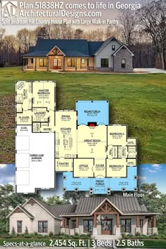 two story house plan with 3 beds and 2 baths in the front, an open floor plan