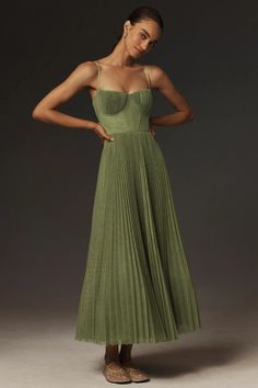 Hutch Amara Bustier Pleated Tulle Fit & Flare Midi Dress | Anthropologie Amara Dress, Socialite Style, Pleated Tulle, Flare Midi Dress, Guest Attire, Wedding Attire Guest, Cocktail Attire, Slim Fit Dresses, Green Midi Dress