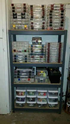 the shelves are filled with many different containers