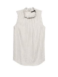 Metallic Stripe Ruffle-Neck Top...S Elegant Vertical Stripes Top For Spring, Elegant Tops With Vertical Stripes For Spring, Striped Ruffle Tops For Work, Striped Sleeveless Elegant Tops, Elegant Striped Sleeveless Top, Elegant Sleeveless Striped Top, Pleated Neck, Top Banana, Striped Fabric