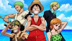 one piece characters standing in front of the ocean