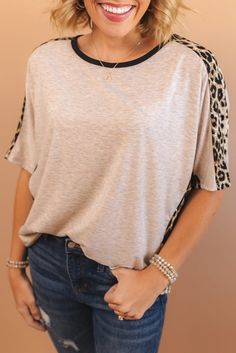 Gray Leopard Splicing O-neck Short Sleeve T Shirt The Leopard, Oversized Silhouette, Short Sleeve T Shirt, T Shirt Women, Women Tops, Shirt Women, Women's Tops, The Details, Round Neckline