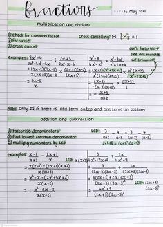 a piece of paper with some writing on it that says, fractions and functions