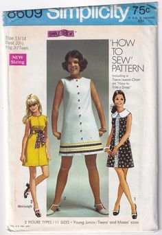 Vintage 1969 Simplicity 8609 UNCUT Sewing Pattern Teens' Dress. The sleeveless dress has back zipper and high round neckline. V. 1 with pleated or gathered trim has contrasting collar trimmed with lace edging. V. I and 2 are regular length. Button trimmed V. 2 features rick-rack and embroidered braid or ribbon trim. V. 2 and 3 are collarless. Mini-length V. 3 has purchased sash or belt slipped thru button trimmed self fabric belt carriers.  Sweet style! Size: 13/14 Bust: 33-1/2 ins Waist: 26 ins Hip: 36-1/2 ins Pattern and instructions are complete; pieces are uncut and in factory folded. Dress With Ribbon, Simplicity Patterns Dresses, Girl Dress Pattern, Teen Girl Dresses, Miss Dress, Simplicity Sewing, Rick Rack, Simplicity Sewing Patterns, Simplicity Patterns