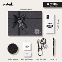 the gift box includes an electronic device, charger, and other items for purchase