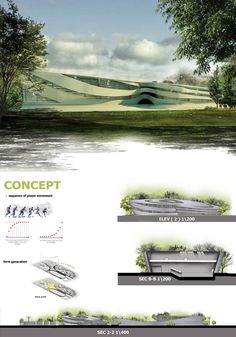 the concept design for an urban park with trees and grass on both sides of it