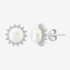 Pearl Type: Cultured Freshwater PearlsFeatures: Quick ShipDiamond Clarity: I2-I3Earring Back: PostPearl Size: 7mmDiamond Color: I-JMetal Color: WhiteEarring Length: 8.1mmEarring Width: 8.1mmRounded Carat Weight: 1/10 Ct. T.w.Care: Wipe CleanStone Type: 28 Natural DiamondBirthstone: June BirthstoneEarrings Style: Stud EarringsMetal: Sterling SilverCountry of Origin: Imported Classic White Earrings With Halo Detail, White Gold Pearl Earrings With Halo Design For Anniversary, Classic White Halo Earrings, Anniversary White Gold Pearl Earrings With Halo Design, Pearl Earrings With Diamond In Prong Setting, Classic White Diamond Earrings With Halo, Fine Jewelry Pearl Earrings With Prong Setting, White Gold Pearl Earrings With Halo Design, White Pearl Earrings With Prong Setting