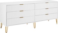 a white dresser with gold handles and drawers on it's sides, against a white background