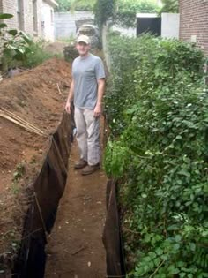 a man is standing in the middle of a garden with plants and dirt on the ground