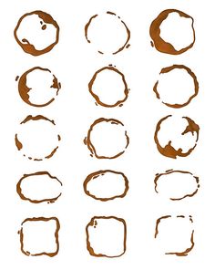 coffee stains drawn on white paper with brown ink in the shape of circles and rectangles