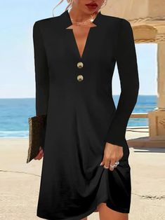 Women Casual Dress Daily Dress Midi Long Sleeve H-Line Fit & Flare Dress Dress Plain V Neck Dress Black Dress Spring/Fall Dress V Neck Black Dress, Jersey Pattern, Dress Name, Flare Long Sleeve, Plain Dress, Plain Style, Fall Color, Vestido Casual, Daily Dress