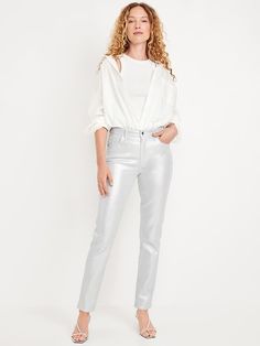 High-Waisted Silver Shine Vintage Slim Jeans | Old Navy Silver Pants Outfit, New Year’s Eve Outfit, Silver Pants, Charm City, Pajamas Gift, Eve Outfit, New Years Eve Outfits, Holiday Wardrobe, Family Maternity