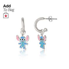 cute little blue and pink cartoon character dangle earrings with silver hooks on white background