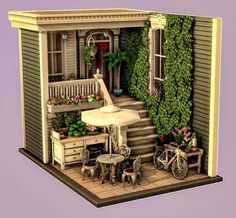 a doll house with furniture and flowers on the front porch is shown in full color