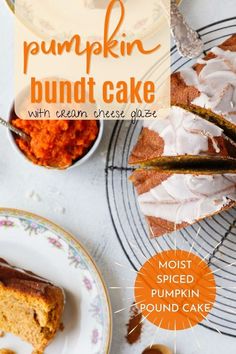 pumpkin bundt cake with cream cheese glaze is on a plate next to other desserts