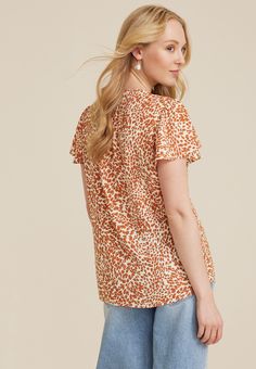 Atwood Flutter Sleeve Blouse - Casual Printed Blouse With Butterfly Sleeves, Brown Flowy Tops For Spring, Feminine Brown Tops For Spring, Casual Butterfly Sleeve Blouse For Fall, Flowy Brown Top For Spring, Ruffle Sleeve Printed Top For Brunch, Chic Spring All Over Print Tops, Chic All Over Print Spring Tops, Chic Spring Tops With All Over Print