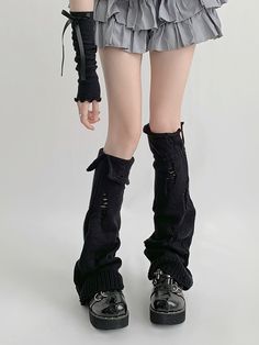 This price is for a pair of leg warmers only, others are not included.   	 		 			Size 			Free Size 		 		 			Full Length 			56 Cute Legwarmers, Outfit Ideas For Art, Halloween Fashion Outfits, Mini Tennis Skirt, Gothic Cosplay, Distressed Knit, Kawaii Socks, Knit Leg Warmers, Oc Design