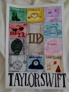 a poster with the words taylor swift and other things on it in different colors, shapes and sizes