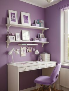 a purple chair sits in front of a white desk with shelves on the wall above it