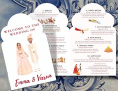 "This fully customizable Indian wedding program includes custom portraits and a fun wedding ceremony guide for your guests! You can change the font, change any words, and add your own clipart. We also make custom cartoon characters of the bride and groom. Please check out our custom listings for examples!  Our programs can be changed to accommodate any religion.  Each program is printed on beautiful white card stock. Proof of program will be provided within 3 days of purchase, after proof is acc Hindu Ceremony Program, Hindu Wedding Program, Wedding Invitations Indian, Wedding Cermony, Gujrati Wedding, Itinerary Design