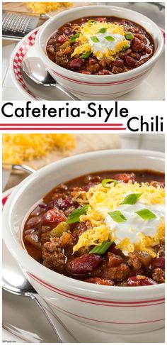 two bowls of chili with cheese and sour cream