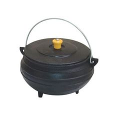 a black cast iron pot with a yellow knob on the top and handle is shown