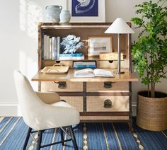 a desk with a book shelf, chair and potted plant on top of it