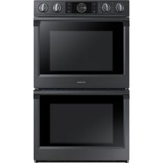 two black ovens side by side on a white background, one is built into the wall